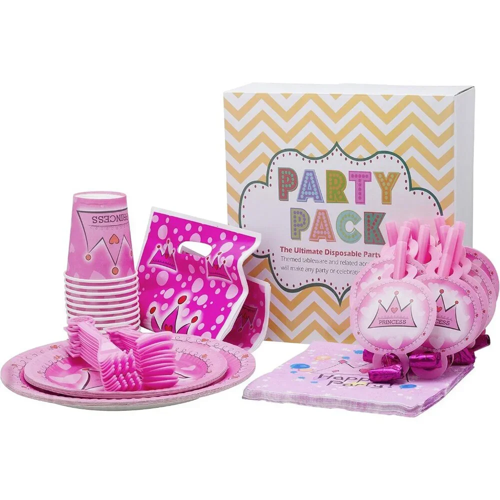 Princess Party Pack--Pink Plates, cups, party favors & Bags, fork, Spoon For 10
